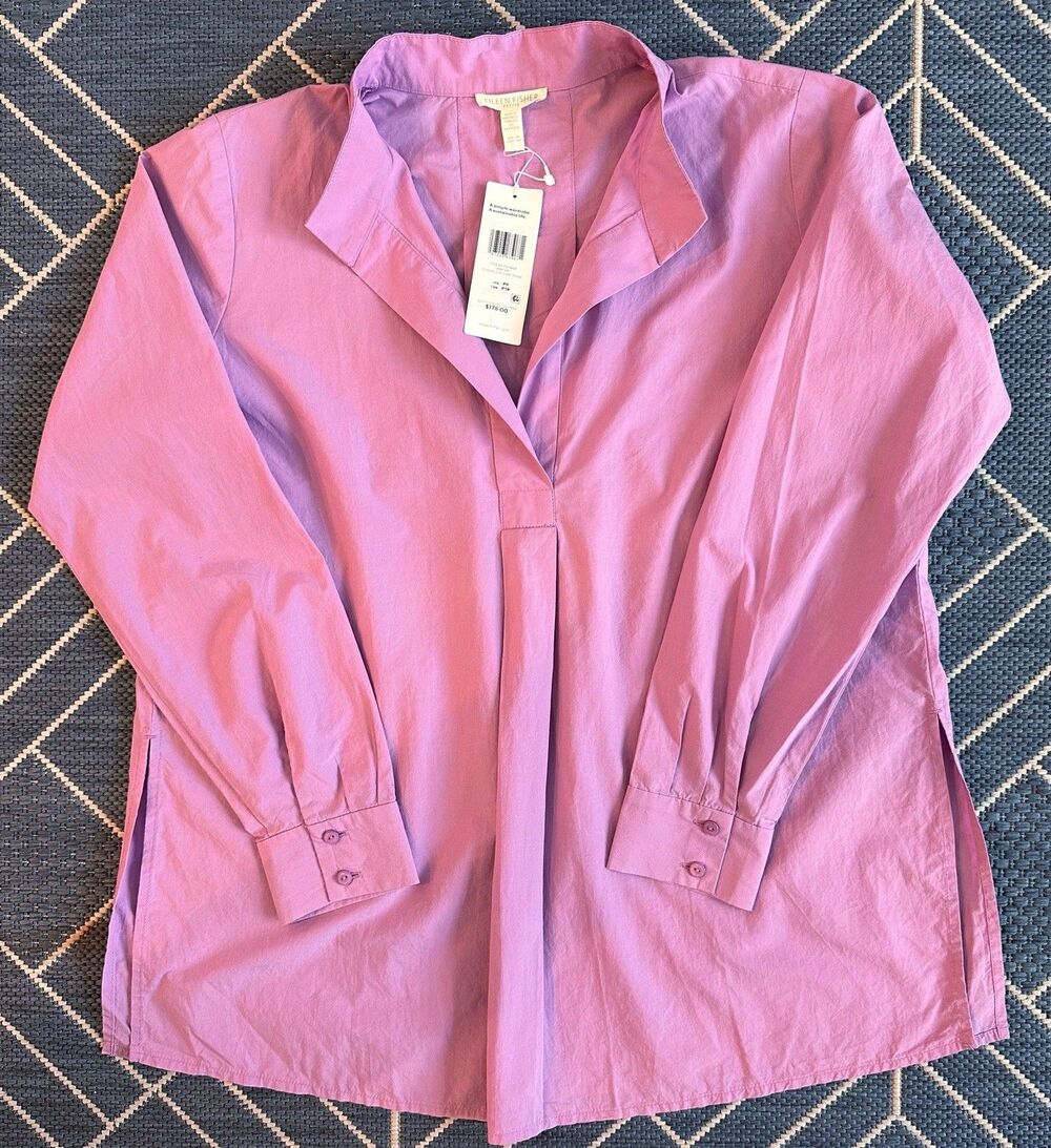 Eileen Fisher Purple Organic Cotton Poplin Oversized Tunic Blouse Lagenlook Mini